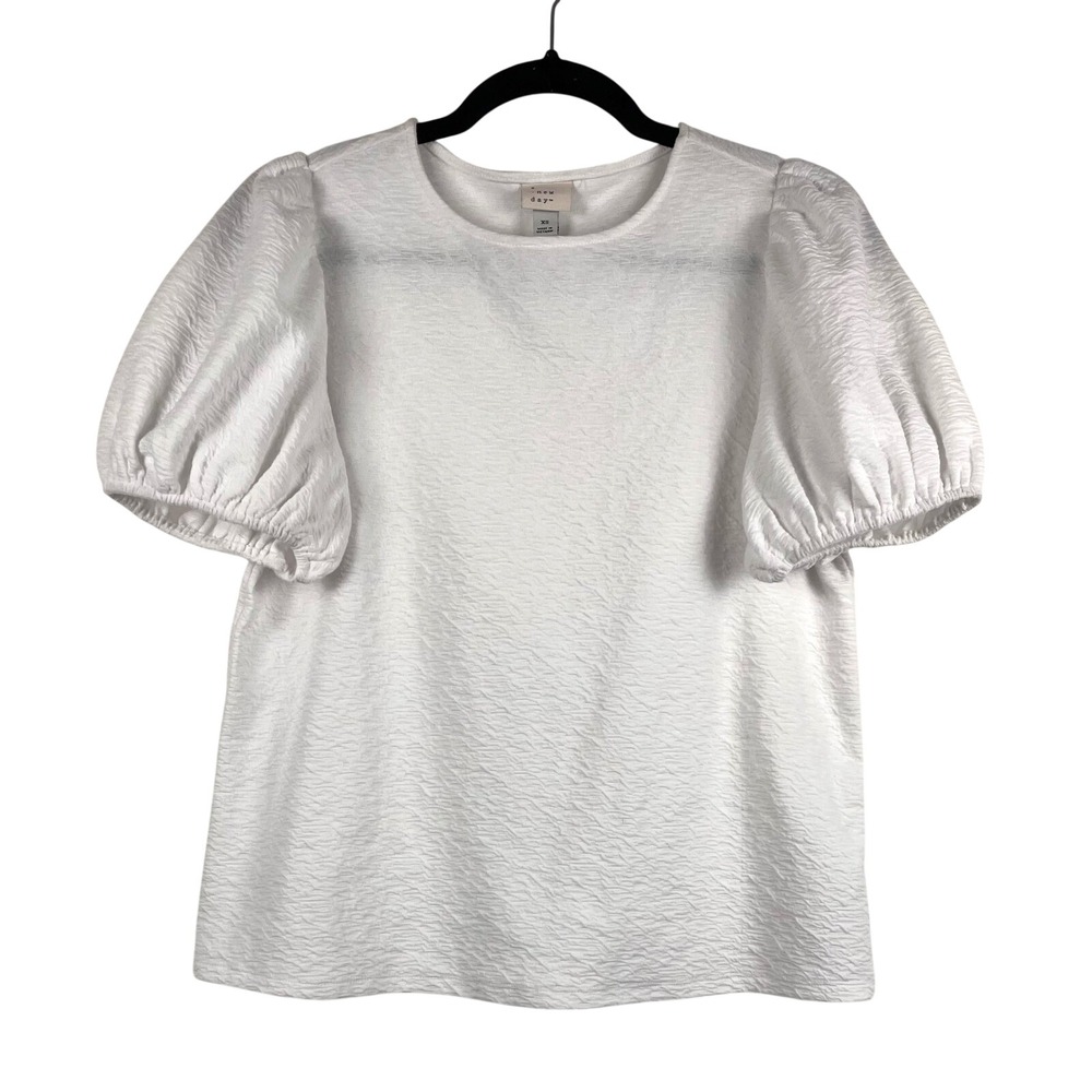 A New Day White Textured Puff Sleeve Top XS Stretch Textured Knit Blouse